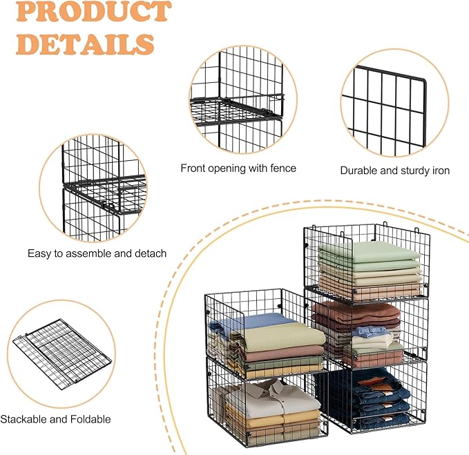 5-Tier Stackable Closet Storage Baskets, Closet Organizers and Storage Shelves, Foldable & Stackable Clothes Storage Bins for Closet System, Closet Shelf Organizer for Home,Black(Patent No. 30022416)