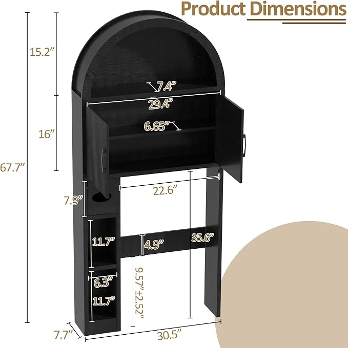 Spurgehom Over The Toilet Storage Cabinet, Bathroom Shelf Organizer Freestanding, Bathroom Arch Cabinet Over Toilet with Toilet Paper Holder and Anti-Tipping Device, Black