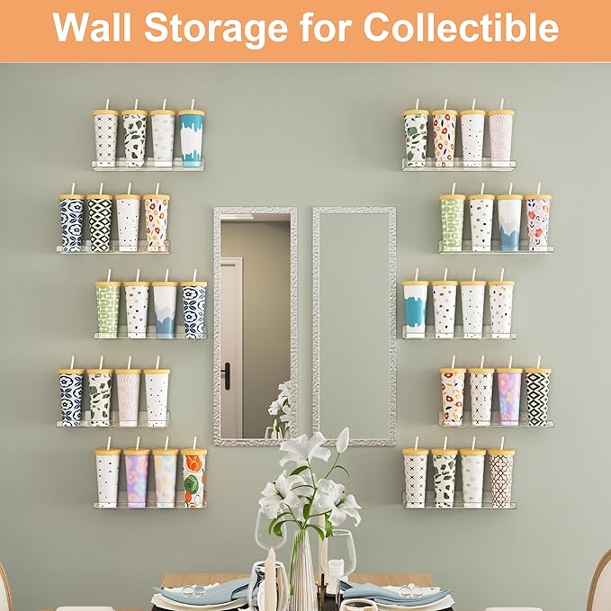 upsimples 14 Pack Acrylic Shelves Wall Organizer and Storage, 15" Display Shelf for Figure, Toy Cars, Perfume, Kids Bookshelf for Bedroom, Nursery, Craft Room, Clear