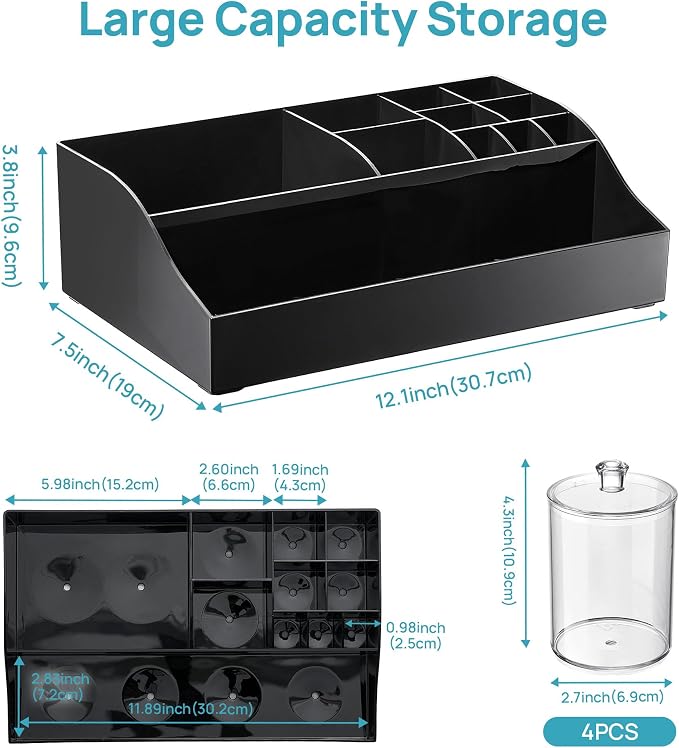 Vtopmart 5 PCS Bathroom Countertop Organizer, 1 Divided Tray with 4 Qtip Holder Jars, Restroom Clear Organizers for Toothbrush, Cotton Pads Balls, Floss, Bathroom Vanity Accessories Storage Set, Black