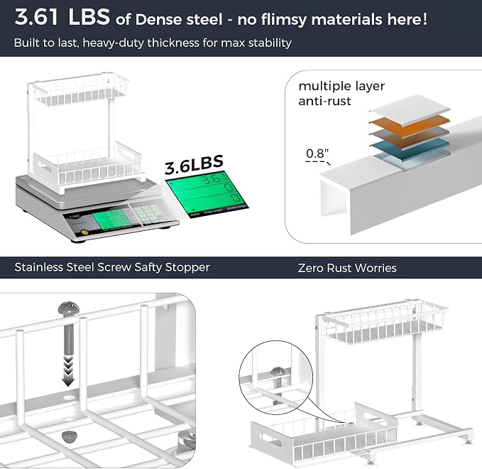 L-Shaped Under Sink Organizer, 2-Tier Pull Out Metal Kitchen Cabinet Organizer with Sliding Storage Drawer, Height Adjustable Heavy Duty Under Bathroom Sink Storage for Cleaning Supplies 1 Pack