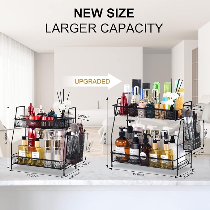 LEMIKKLE Large Countertop Organizer for Bathroom Counter, Bathroom Organizers and Storage, Under Sink Organizer Spice Rack Organizer for Kitchen with Basket(Black)