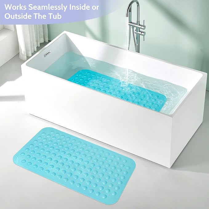 WarmSnow Non Slip Shower Mats for Inside Shower 15 x 27.5 Inch, TPE Bathtub Mat Non-Slip, Bath Mat for Tub with Suction Cups, Drain Holes Bath Tub Mat for Bathroom, Blue