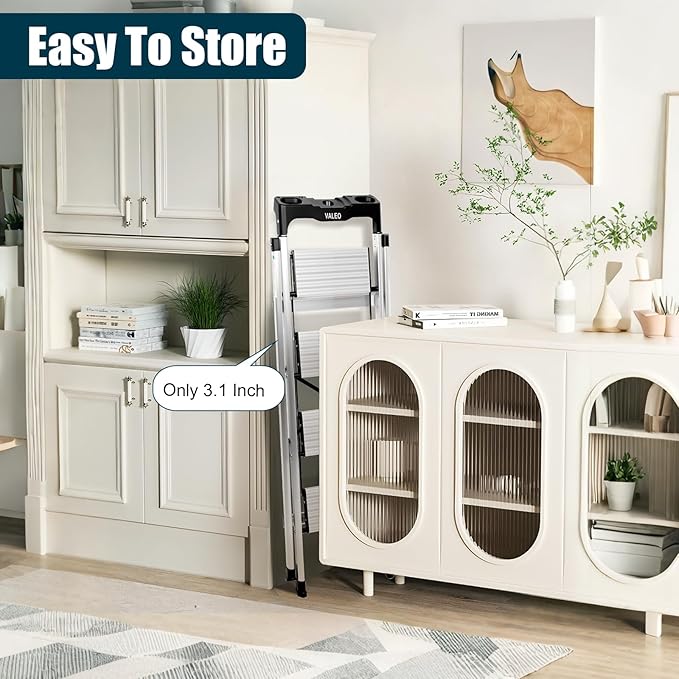 Valeo Aluminium 4 Step Ladder with Retractable Handgrip,Anti-Slip Pedal,330 lbs Capacity,Folding Step Stool for Kitchen, Garage, Home, Space Saving, Sturdy and Portable, Silver
