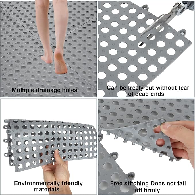 16 Pack 11.8" x 11.8" Interlocking Rubber Floor Tiles Soft PVC Non Slip Shower Floor Mat Pool Bathtub Drain Tiles for Flooring, Drainage Mats for Pool, Deck, Patio, Basement, Kennel, Poultry, Grey