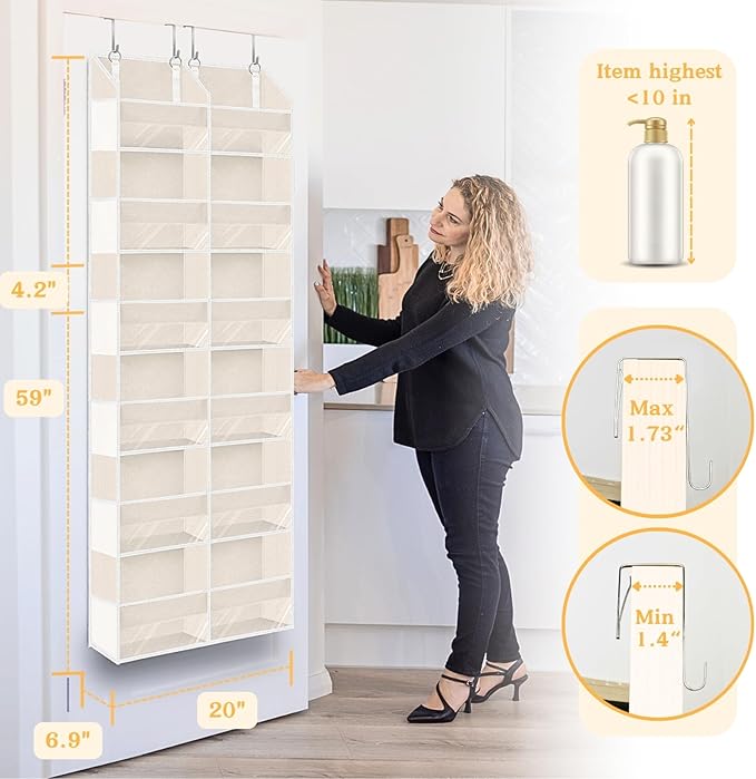 Ofiray-home Over the Door Organizer 6 Tiers, Extra Large Behind Door Storage of 12 Compartments,80 lbs Weight Capacity Hanging Storage Organizer with Clear Window Kids Toys, Shoes, Diapers,Beige