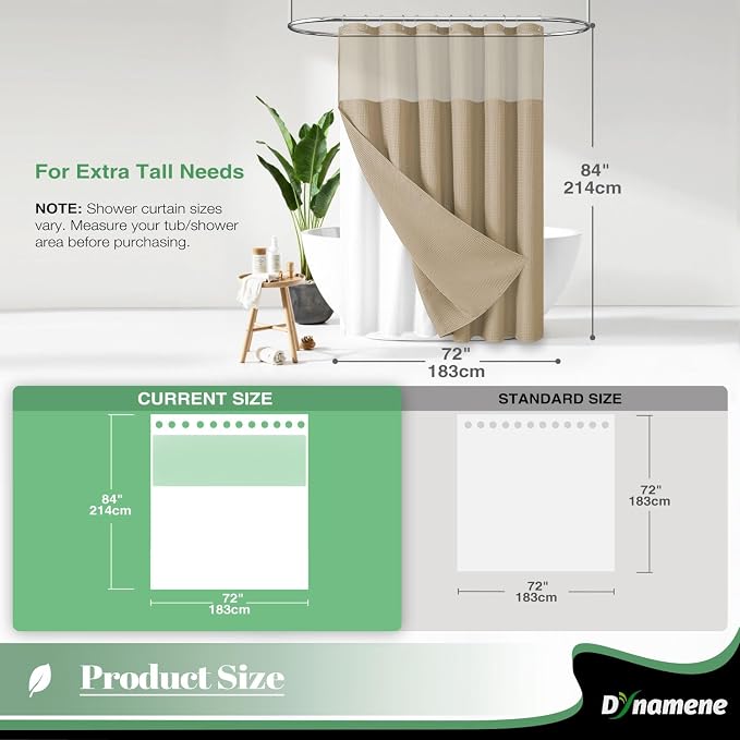 Dynamene Extra Long Shower Curtain, 84 Inch Long Waffle Fabric Shower Curtain for Bathroom, Tall Waterproof Cloth Shower Curtain Liner Set with Hook, Snap in Liner, Mesh Top Window, Beige, 72x84