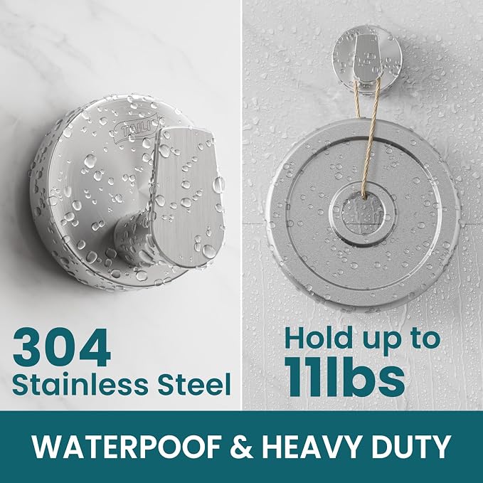 TAILI 304 Stainless Steel Bathroom Suction Hooks for Towel, Bathrobe, Loofah, Patented Strong Suction Cup Holder, No Damage Hanging Glass Shower Wall Hook, Retro High-Rise Design, 2 Pack, Silver