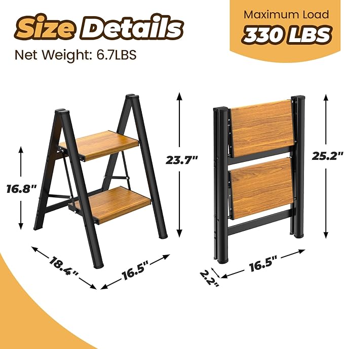HBTower Step Ladder,Lightweight Aluminum Folding Step Stool with Anti-Slip Wide Pedal,330lbs Capacity Step Ladder for Household,Kitchen,Office - BlackWoodgrain