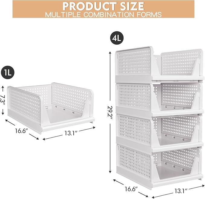 caktraie 4 Pack Stackable Closet Storage Basket - Stackable Storage Bins, Multifunctional & Foldable Closet Organizer Divided, Wardrobe Cupboard Space-Saving Clothes Storage Hat Organizer, White