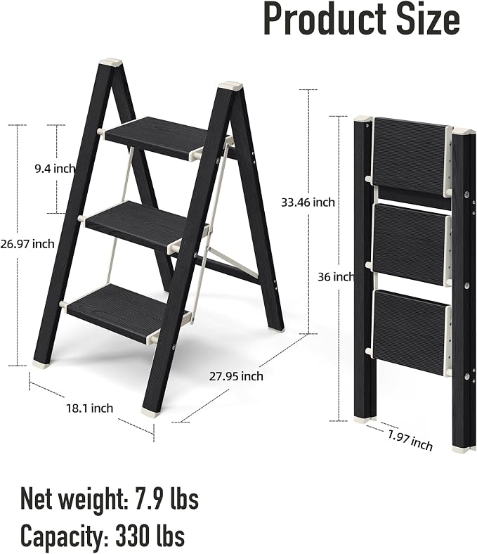 Mayi Plus 3 Step Ladder,Aluminum Folding Step Stool for Adults,Step Ladder with Wide Anti-Slip Pedal,330 lbs Capacity for Home,Kitchen,Library,Office(Ebony Woodgrain)