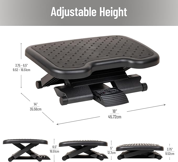 Mind Reader Adjustable Foot Rest with Elastomer Pad for Comfort and Support, Ergonomic Foot Platform, Height Adjustable, Black