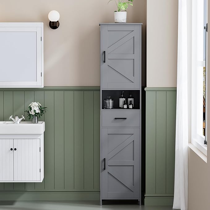 Homhedy 67" H Tall Bathroom Storage Cabinet with 2 Barn Doors and 1 Drawer, Narrow Storage Unit, Adjustable Shelves, Floor Cabinet for Bathroom, Living Room, Entryway, Kitchen, Gray, (15.7" W)