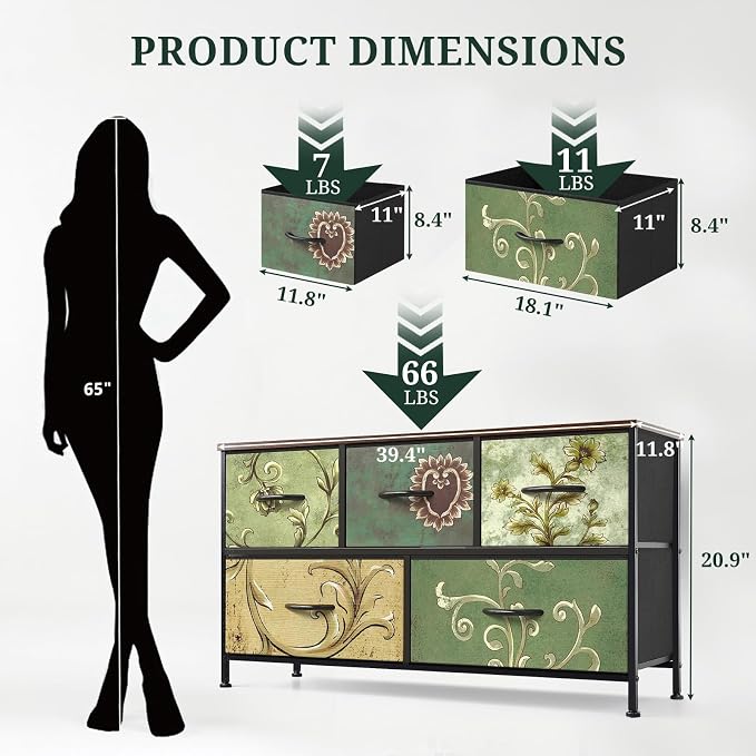5-Drawer Dresser for Bedroom, Anti-Tip Wide Storage Organizer Fabric Chest of Drawers TV Stand for 45" TV with Wooden Top and Metal Frame for Closet, Living Room, Hallway, Entryway, Floral Painted