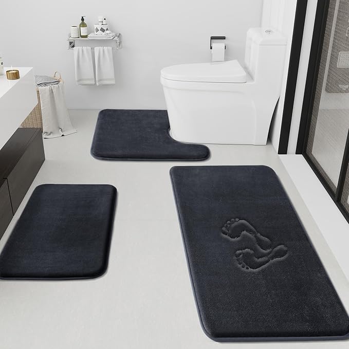 HUXMEYSON Bathroom Rugs Sets 3 Piece, Non-Slip & Quick Dry Bath Mat Set, Ultra Soft Velvet Bath Rugs for Bathroom, Toilet and Shower Floor, Dark Grey