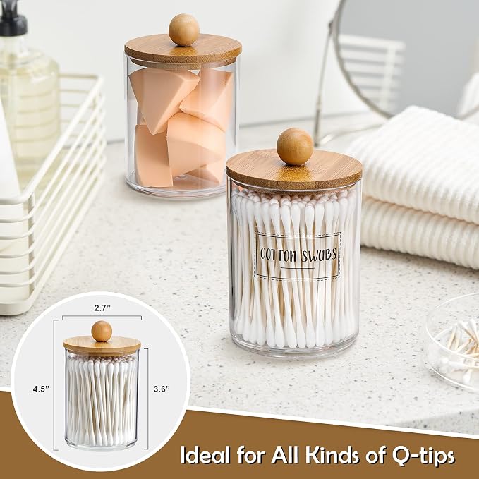 VITEVER 3 Pack Qtip Holder Dispenser with Bamboo Lids - 10 oz Clear Plastic Apothecary Jar Containers for Vanity Makeup Organizer Storage - Bathroom Accessories Set for Cotton Swab, Ball, Pads, Floss