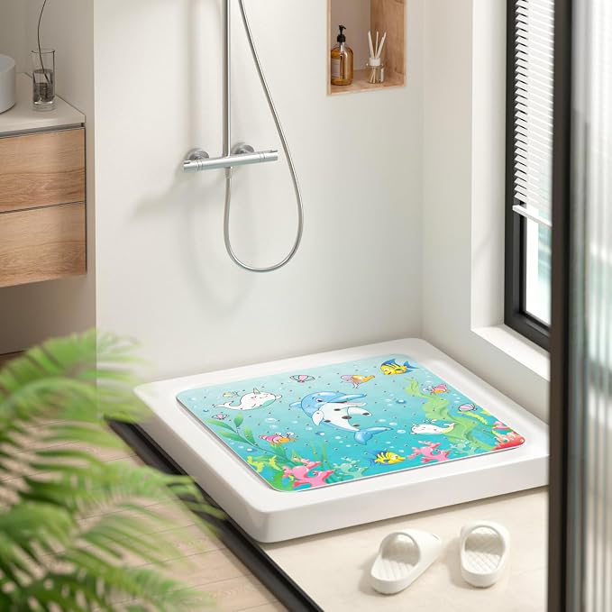 HITSLAM Square Shower Stall Mat Anti Slip, Quick Dry 21x21 Inch Bathtub Floor Mat for Kids with Suction Cups and Drainage Holes, Machine Wash, Soft on Feet, Dolphin