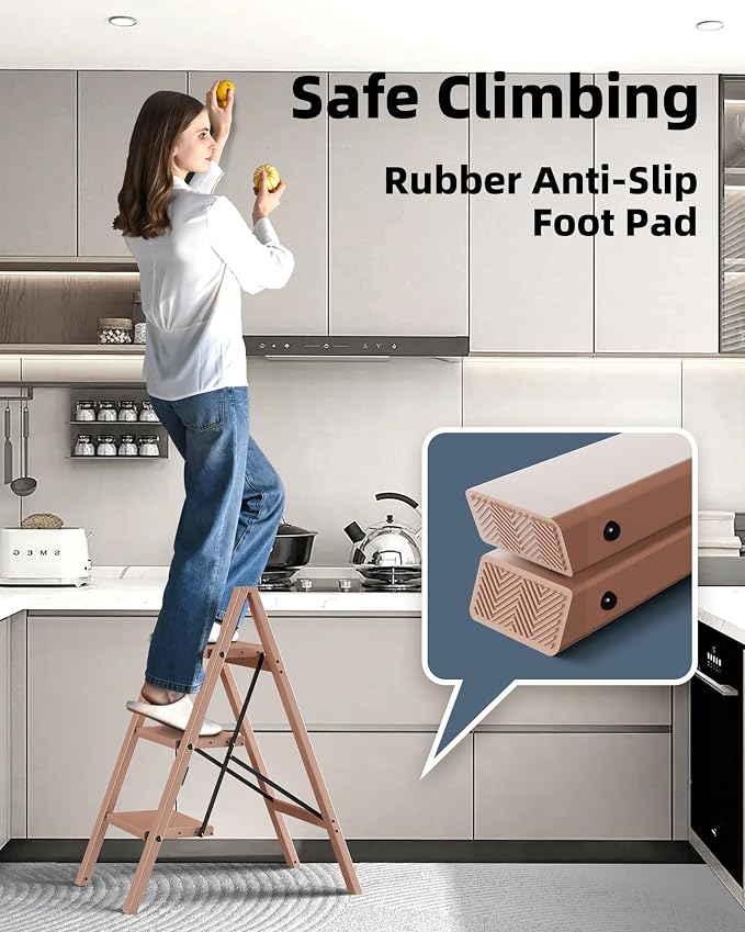 HillhutApex 3 Step Stool, Aluminum Foldable Step Ladder, Lightweight Stable Stool with Wide Non-Slip Pedals, 330lbs Bearing Capacity Ladder for Office,Home,Kitchen - Light Pink