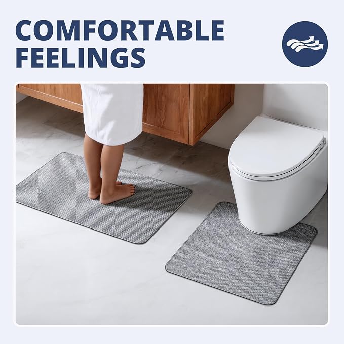 Bathroom Rugs Sets 2 Piece, Thin Bath Mat & U-Shaped Contour Toilet Rug Absorbent Quick Dry, Machine Washable, Non Slip Low Pile Bath Mats for Bathroom/Tub/Sink/Shower (30"x20" Plus 24"x20" U, Grey)