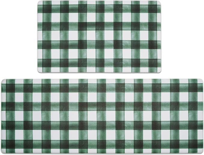 FRESHMINT Modern Farmhouse Plaid 2 Piece Set Kitchen Mats for Floor Anti Fatigue Waterproof & Non-Skid Kitchen Rugs Cushioned Kitchen Mat for Standing Washable Comfort Desk Kitchen Runners