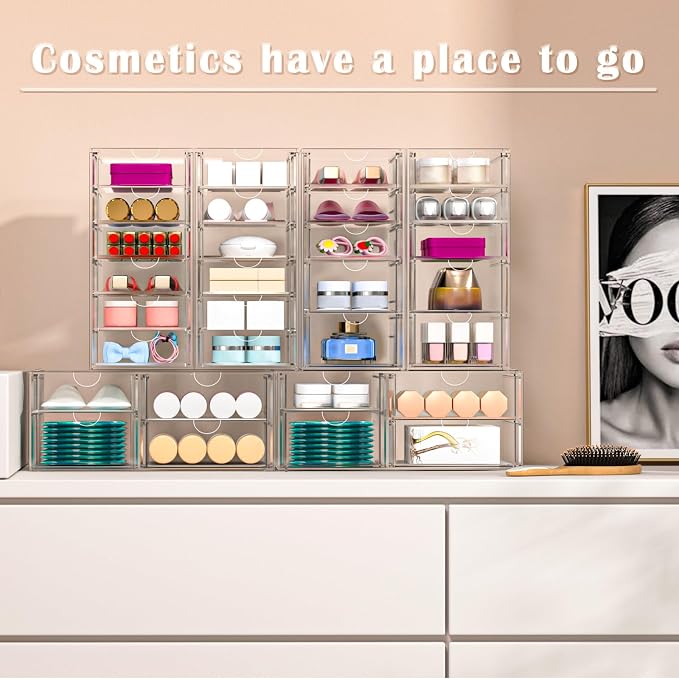 ARSTPEOE 30 Drawers, Acrylic Desk Makeup Organizer, Plastic Drawers Organizer, Stackable Storage Solution for Makeup, Dresser, Office, Bathroom Clear Plastic Craft and Bead Storage Cabinet