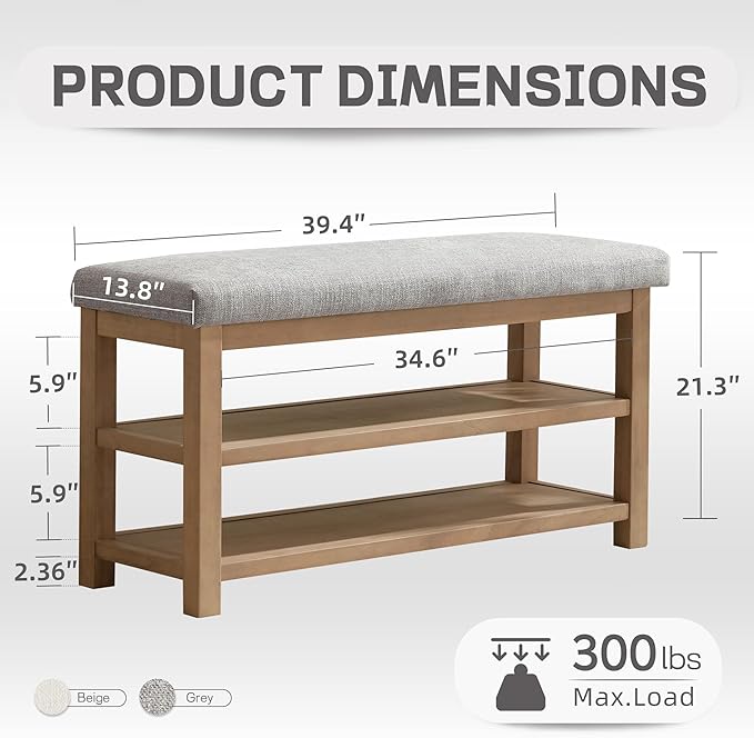 Zihanhome 2 Tier Shoe Rack Bench with Cushion, Solid Wood Shoe Benches, Mid-Century Modern Shoe Storage Bench for Entryway, Hallway, Living Room, Closet, Front Door Entrance, (Grey, 39.4")