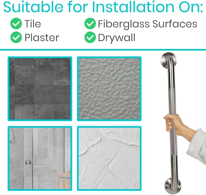 Vive Shower Bars for Elderly - Grab Bar Bathroom Antislip Handrail for Seniors, Elderly Assistance Product, Heavy Duty Shower Handles, Handicap, Stainless Steel, Multipurpose, 440 lbs