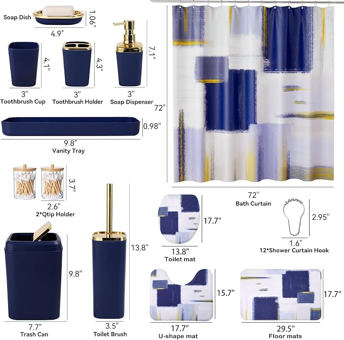 XLHOMO Bathroom Set - Navy Blue and Gold Bathroom Accessories Set, Bathroom Sets with Shower Curtain and Rugs, Blue Shower Curtain Set with Bathroom Trash Can, Soap Dispenser,Soap Dish for Home Decor