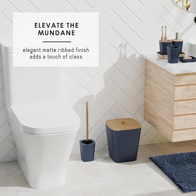 Clara Clark Bathroom Accessories Set - Bathroom Set, Bathroom Sets with Shower Curtain and Rugs, Shower Curtain Set with Bathroom Trash Can - Navy - 22PC