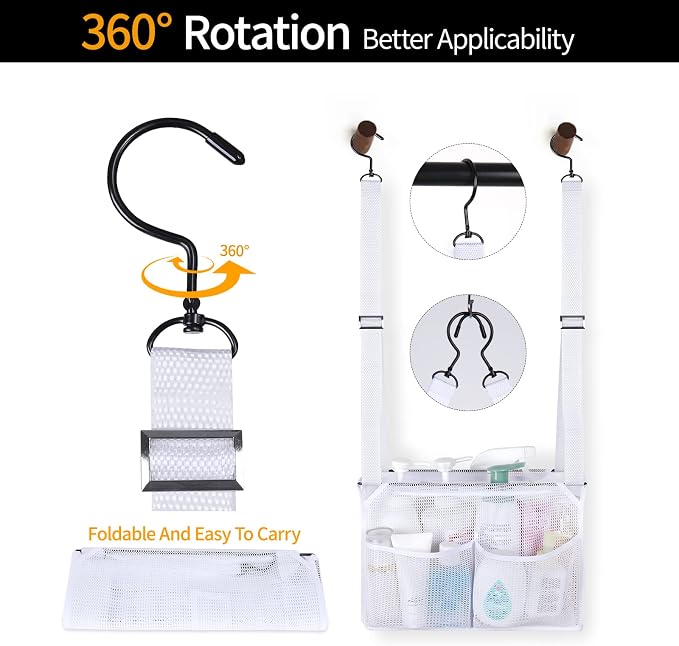 4 Storage Pockets Adjustable Hanging Mesh Bathroom Bag, Shower Caddy College with Hooks, Applied to College Dorm Rooms, Gym, Swimming and RV Travel (White)
