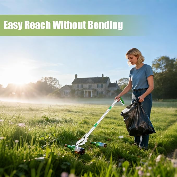 50" Foldable Grabber Reacher Tool with Green Handle, Extra Long Lightweight Trash Pickup & Litter Picker, 3-Fold Stainless-Steel Reaching Aid for Home, Office & Garden Use