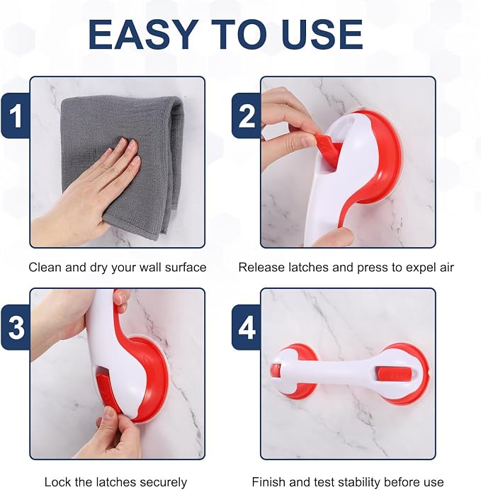 uxcell Grab Bars for Shower, 12 Inch Shower Handle Suction Cup, Grab Bars Elderly Assistance Products Safety Removable Grip Press-Lock for Seniors Bathtubs Bathroom Toilets, White/Red