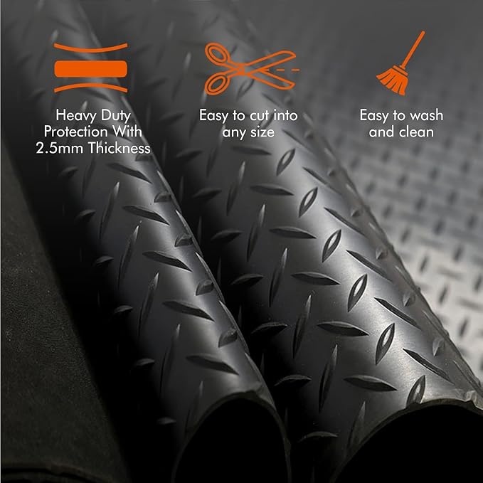 Anti-Slip Rubber Diamond Floor Mat - Durable, Non-Skid, Waterproof Floor Protection for Home, Gym, Garage, and Vehicles - 2.5 mm x 4 ft x 6 ft Rolls - Black (4x15 FT)