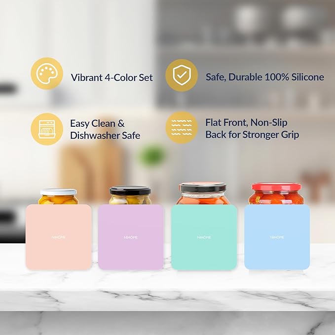 NIHOME Silicone Jar Opener – 6 Inch Large Anti-Slip Grip Pads, Premium 100% Food-Grade Silicone, Stylish Designer Colors, Multi-Purpose Heat-Resistant Mat & Coaster, Set of 4 (Macaron Colors, Square)