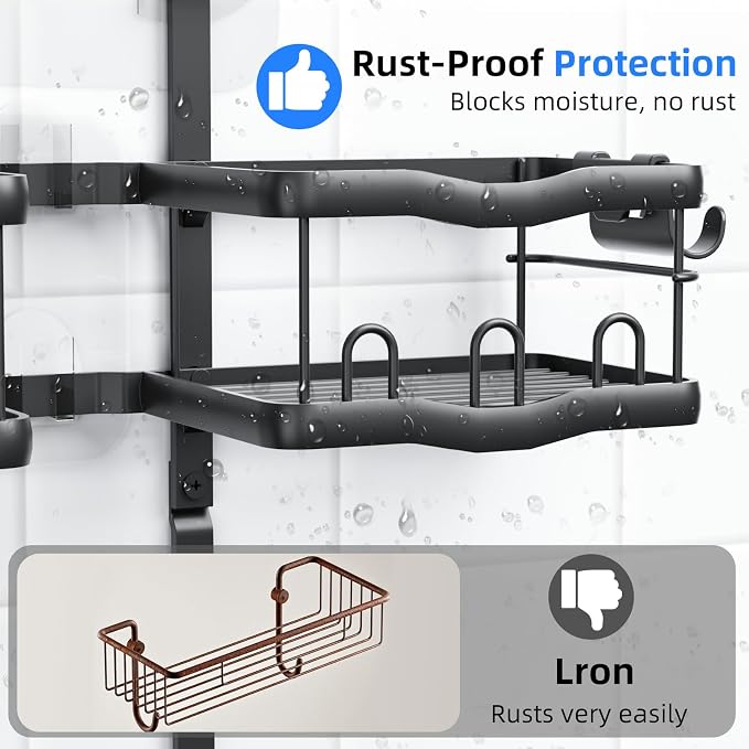 GearFusion Aluminum Hanging Shower Caddy for Handheld Shower Heads | Rustproof Bathroom Organizer Rack, Adjustable Shower Shelf Over the Showerhead Caddy Storage with Hooks Soap Baskets, Black