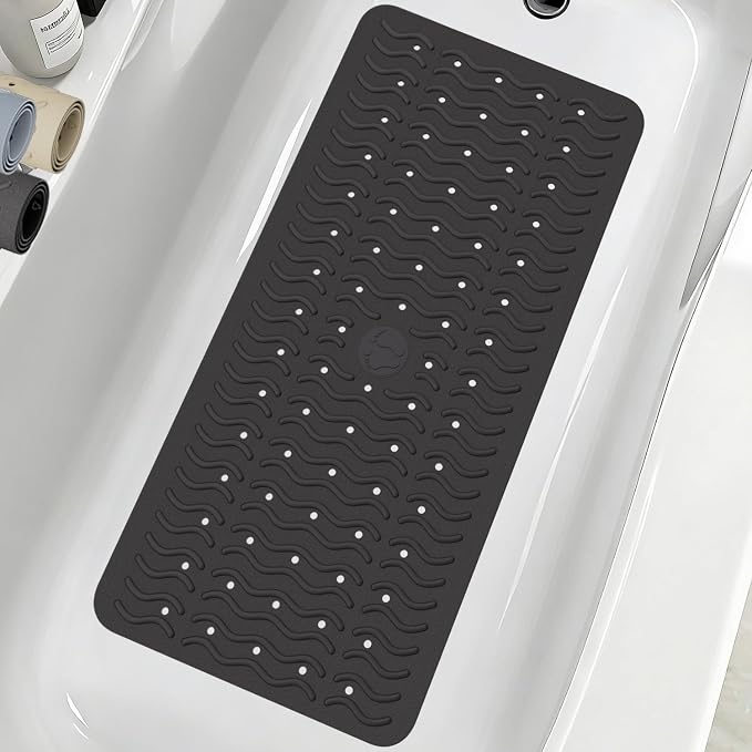 Non Slip Bathtub Mat & Shower Mat, 31x15'' Anti Slip Bath Mat for Tub, Soft TPE Anti-Skid Bathroom Mat with 194 Suction Cups & Drain Holes, Wave-Textured Grip, Machine Washable, Black