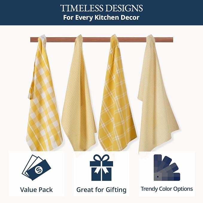 LANE LINEN Cotton Kitchen Towels Set, 4-Pack – Absorbent, Quick-Drying Dish Towels, 18" x 28" - Yellow