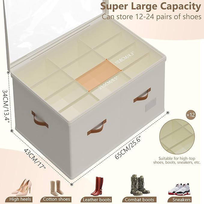 Shoe Organizer for Closet, 2 Pack Shoe Storage Bins Foldable Shoe Storage Box Containers with Clear Cover and Sturdy Handles, Shoe Rack for Closet Storage for Sneakers Heels Slippers, Fit 12-24 Pairs