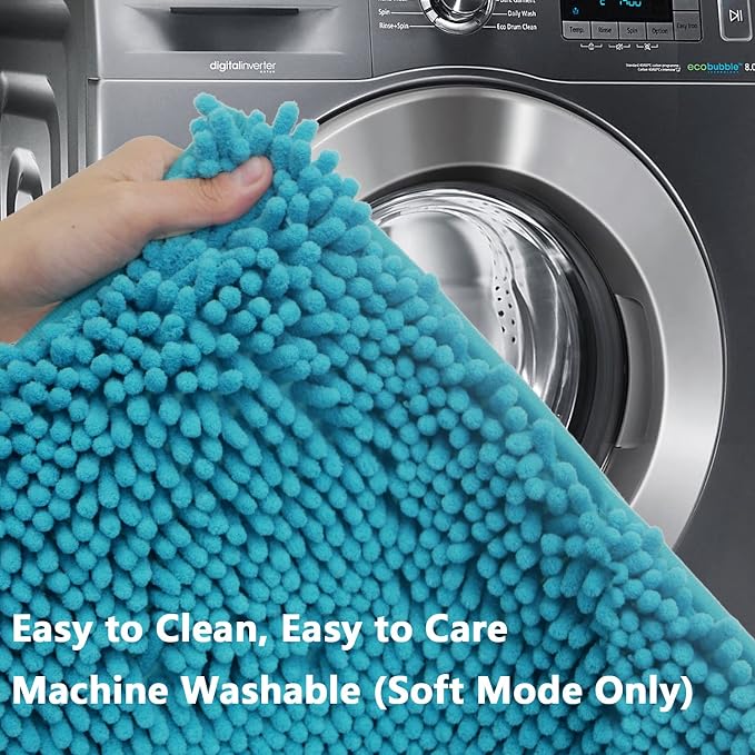 Bathroom Rugs Chenille 3-Piece Extra Soft and Absorbent Shag Bathroom Rugs, Machine Wash Mat, Strong PVC Non-Slip Underside, Plush Carpet Mats (Turquoise)