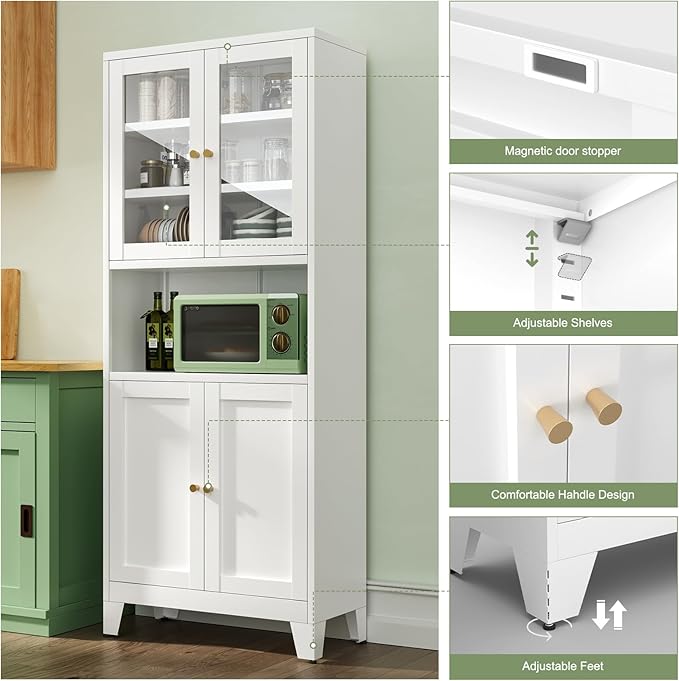 Bevivog 69" Pantry Cabinet,Tall Metal Storage Cabinet with 2 Glass Doors, Freestanding Display Cupboard Tall Bathroom Linen Cabinets with 5 Shelves Storage for Living Room Kitchen Pantry