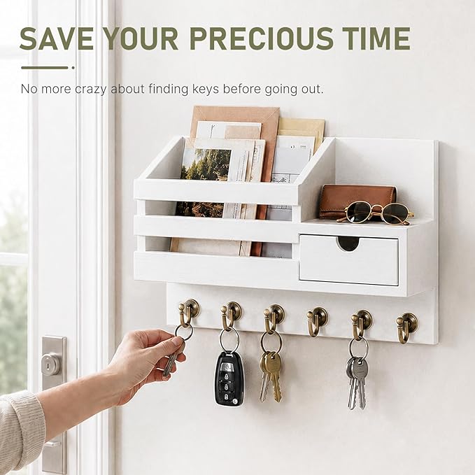 FifthQuarter Key Holder Wall Mount: Key and Mail Holder for Wall with 6 Hooks and Storage Drawer, Easy Installation Key Rack for Entryway Home Decor (A-White)