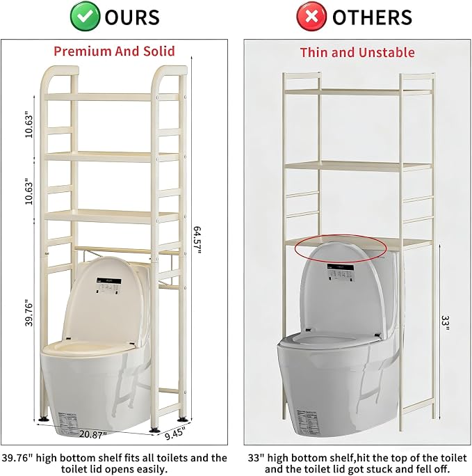 Purebox Over The Toilet Storage, Enhanced Oval Tube Heavy Duty Bathroom shelf organizer, Freestanding Metal Toilet Storage Cabinet With Suction Cups for fastening, 3-Tires Over The Toilet Rack (white)