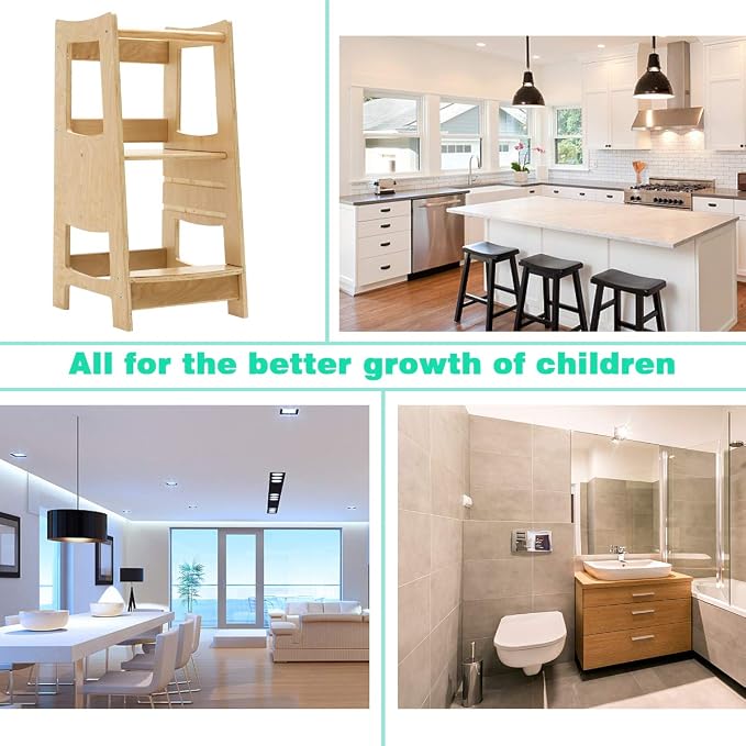 EGREE Toddler Kitchen Step Stool with Safety Rail Kids Wooden Standing Tower for Kitchen Counter and Bathroom Sink, 3 Heights Adjustable Step Up Stool Mothers' Helper, Solid Wood Construction, Natural