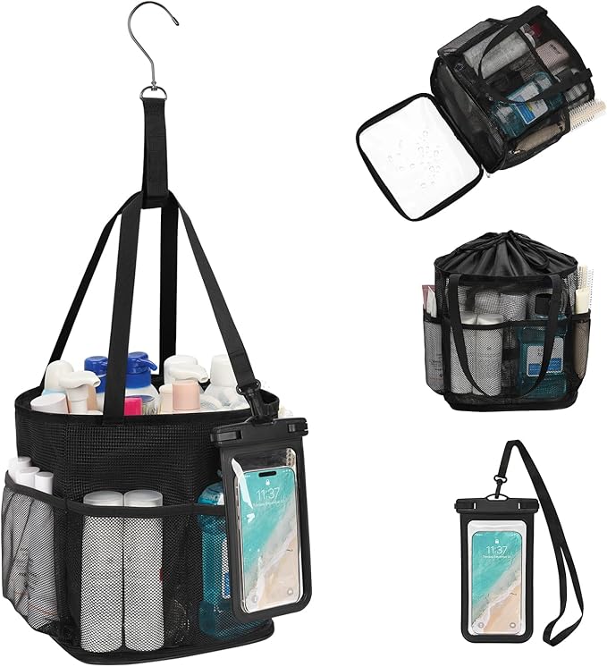 Mesh Shower Caddy Portable for College Dorm Room Essentials, Hanging Shower Caddy with Waterproof Phone Pouch, Large Capacity Shower Bag Basket Tote for Bathroom, Gym, Camping, Swimming, Beach, Black