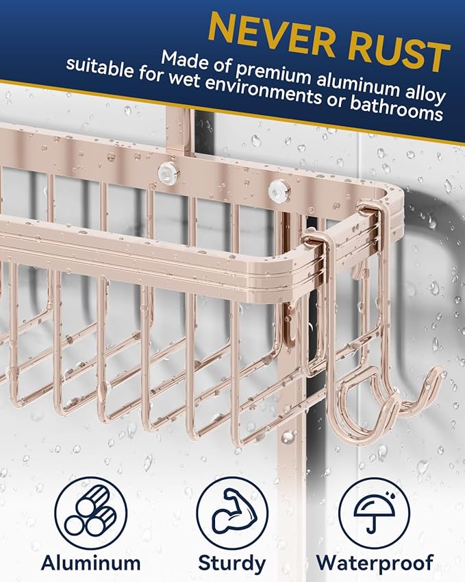 YASONIC Never Rust Shower Caddy Hanging, Aluminum Shower Racks for Inside Shower, 2-Tier Shower Organizer Hanging Over Shower Head with Hooks and Soap Holder, Rose Gold