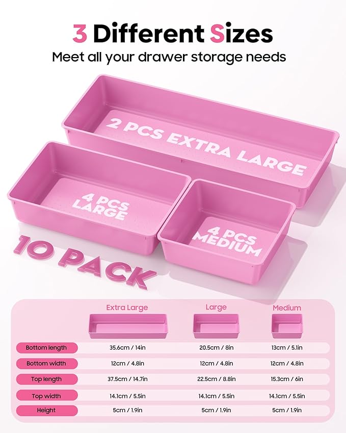 10 Pack Large Size Plastic Drawer Organizers Set, 3 Sizes Desk Drawer Organizer Trays, Storage Bins for Vanity, Makeup, Bathroom, Kitchen Utensils and Office (Pink)