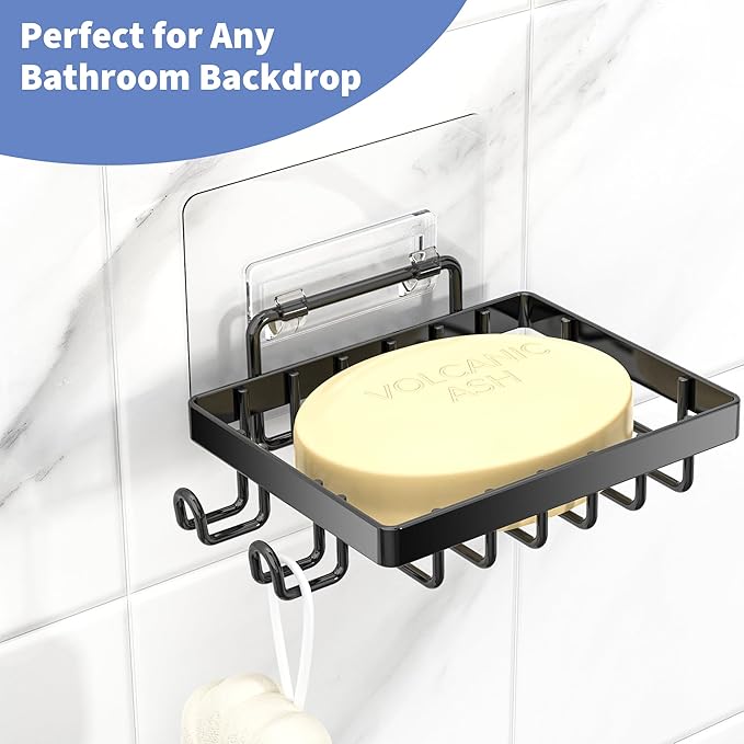 Moforoco Black Soap Dish, Soap Bar Holder for Shower, No Drilling Bathroom Accessories, Wall Mounted Soap Holder with Hooks, Shower Rack Tray Bar for Suitable for Bathroom, Kitchen Sink