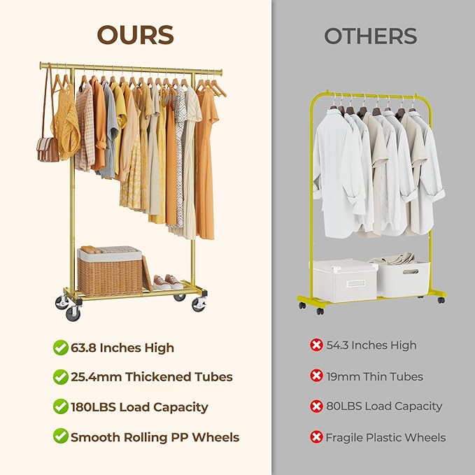HYSEYY Clothes Rack, Clothing Rack for Hanging Clothes, Rolling Garment Rack Sturdy Coat Rack Portable Wardrobe Rack Metal Closet Rack for Bedroom Laundry Living Room, Gold