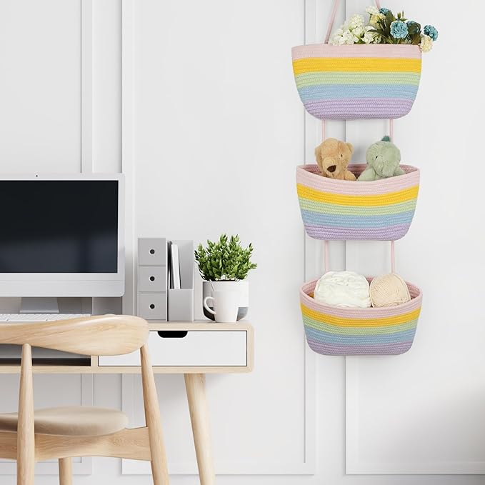 TeoKJ Over the Door Hanging Basket, 3-Tier Woven Cotton Wall-Mounted Storage Organizer Bag Decorative Hanging Nursery Baskets, Rainbow