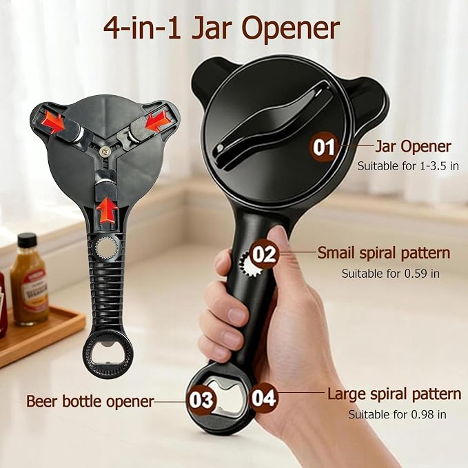 4-in-1 Jar Opener, Adjustable Jar Opener for Seniors, Kitchen Tool Designed Specifically for Seniors and Those with Limited Physical Strength, Suitable for Beer, Salad Dressing, Jar (Black)